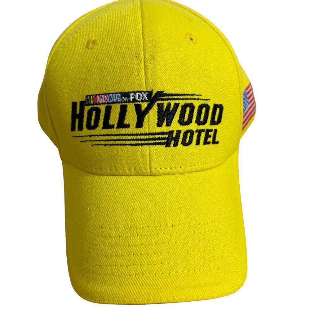 Hollywood Hotel Nascar Hat Yellow Cotton Twill SnapBack American Flag Racing